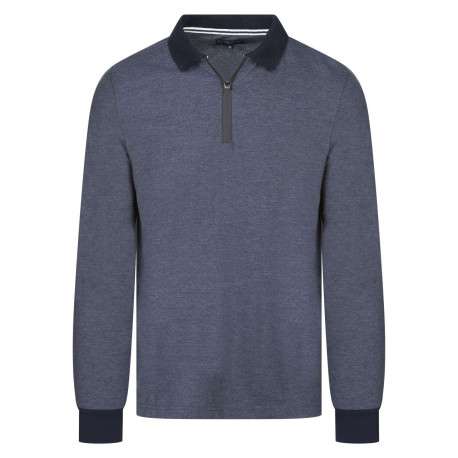 Polo indigo maille piquée avec un col zippé et à manches longues