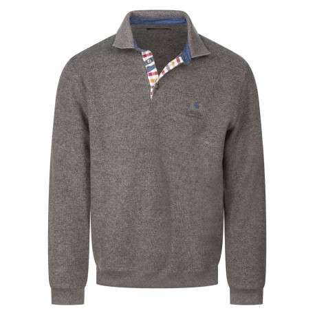 Sweat taupe uni avec une coupe droite, des coudières et un col boutonné