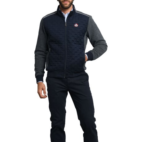 Gilet marine bi-matière ajusté avec poches zippées et à manches longues grises