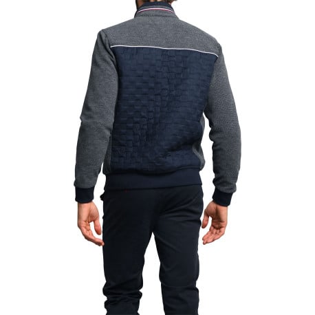 Gilet marine bi-matière ajusté avec poches zippées et à manches longues grises - Image 2