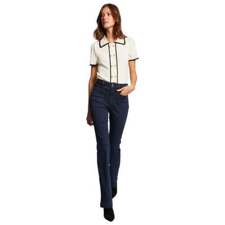 Jean en coton mélangé brut uni à coupe bootcut et nattes denim à la taille - Image 2