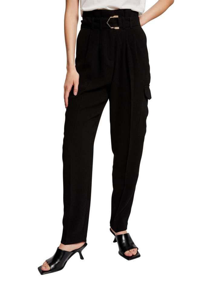 Pantalon Coupe 'Mom' Noir En Coton - Taille Unique Avec Ceinture Imprimée Et Poches