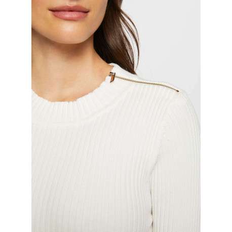 Pull écru uni avec une coupe ajustée, un col rond et zip à l'épaule - Image 3