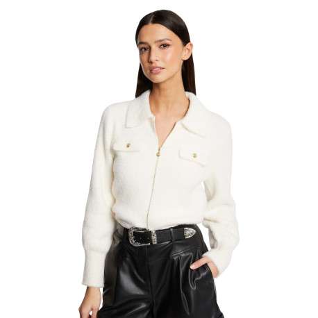 Gilet écru uni à coupe droite avec des manches longues et zip doré - Image 2
