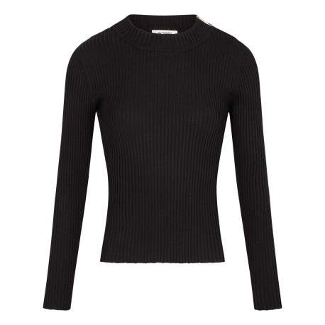Pull noir uni ajusté en côtes plates, à col rond et à manches longues