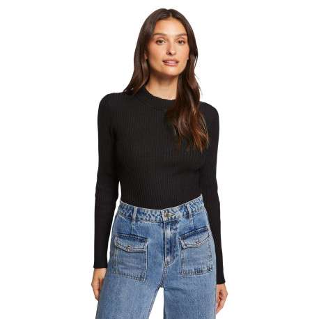 Pull noir uni ajusté en côtes plates, à col rond et à manches longues - Image 2
