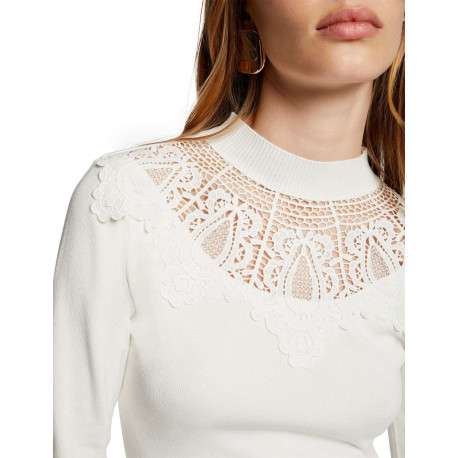 Pull écru uni à coupe ajustée avec col rond et à manches longues - Image 4