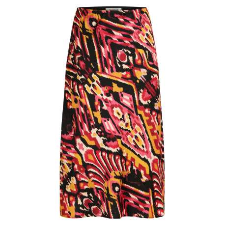 Jupe longue rouge à imprimé multicolore avec une coupe midi fluide
