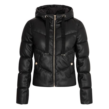 Doudoune noire uni à coupe cintrée, col à capuche avec lacet de serrage