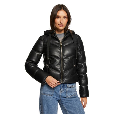 Doudoune noire uni à coupe cintrée, col à capuche avec lacet de serrage - Image 2