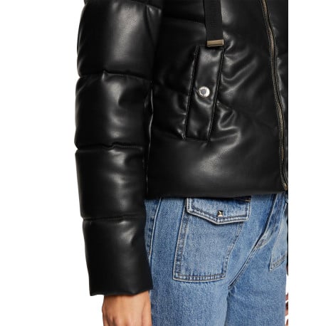 Doudoune noire uni à coupe cintrée, col à capuche avec lacet de serrage - Image 4