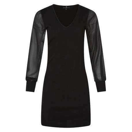 Robe courte noire unie ajustée, col v et à manches longues en voile