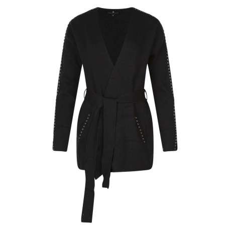 Gilet Gaxina noir uni à col v, manches longues et ceinture amovible