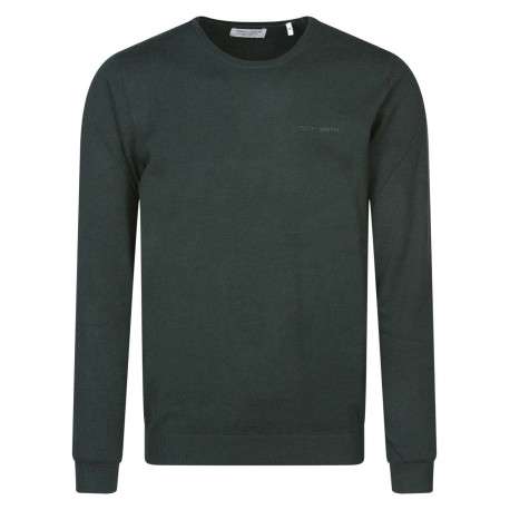Pull vert uni avec une coupe droite et un col rond au nom de la marque