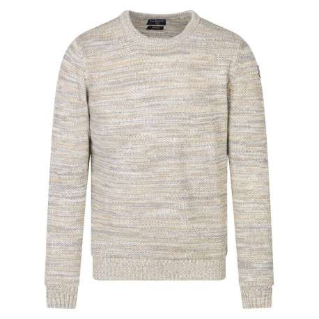Pull beige chiné avec une coupe droite à col rond et à manches longues