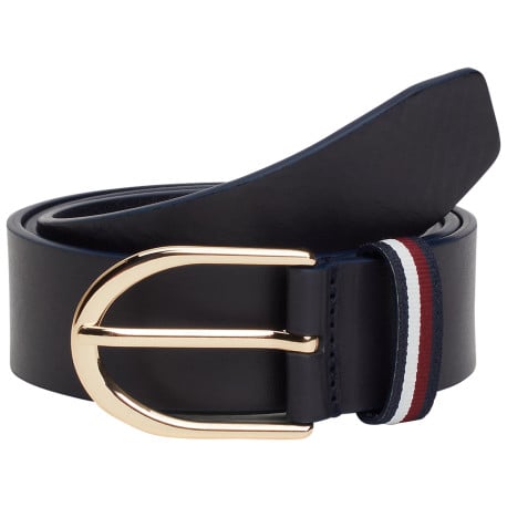 Ceinture en cuir lisse marine unie avec passant tricolore et boucle dorée