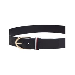 Ceinture en cuir lisse marine unie avec passant tricolore et boucle dorée