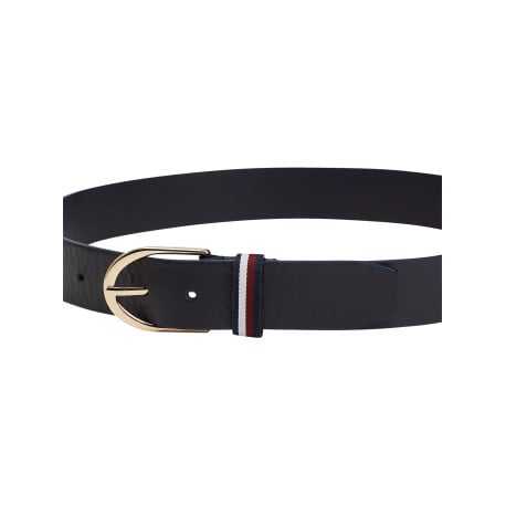 Ceinture en cuir lisse marine unie avec passant tricolore et boucle dorée - Image 3
