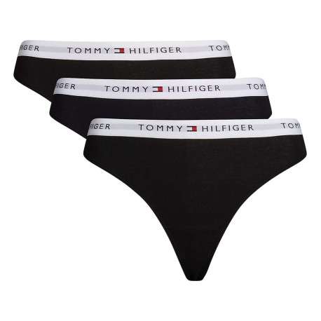Lot de 3 strings en coton noir uni avec tailles élastiquées blanches