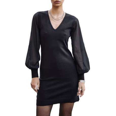 Robe courte noire unie ajustée, col v et à manches longues en voile - Image 3