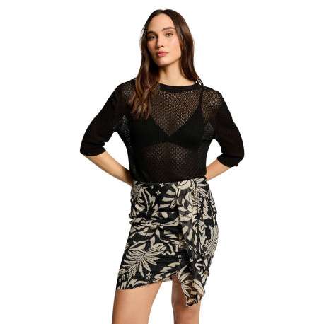 Jupe courte noire et blanche à coupe ajustée avec motif fleuri imprimé - Image 5