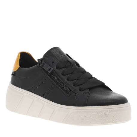 Baskets tennis en cuir noires et dorées à talon plateau avec des lacets plats - Image 3