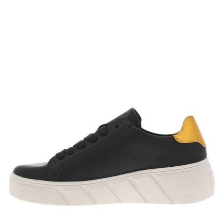 Baskets tennis en cuir noires et dorées à talon plateau avec des lacets plats