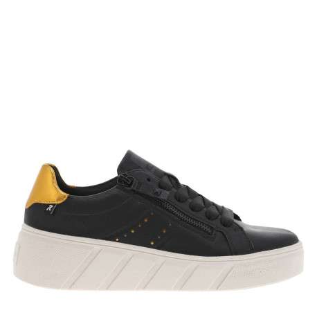 Baskets tennis en cuir noires et dorées à talon plateau avec des lacets plats - Image 2