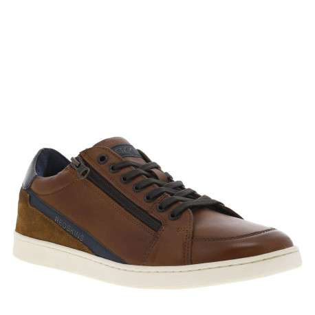 Sneakers en cuir cognac à semelles blanches plates avec lacets et zip - Image 3