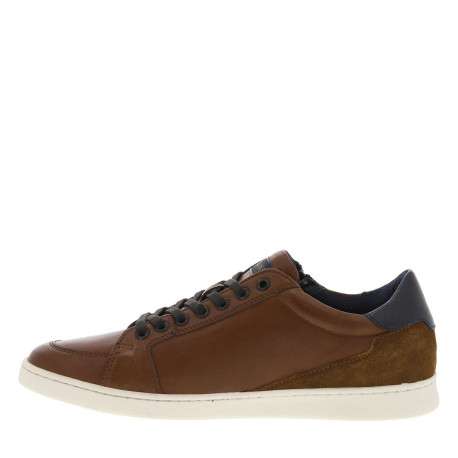 Sneakers en cuir cognac à semelles blanches plates avec lacets et zip