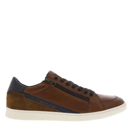 Sneakers en cuir cognac à semelles blanches plates avec lacets et zip - Image 2