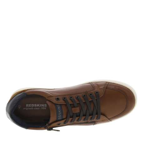 Sneakers en cuir cognac à semelles blanches plates avec lacets et zip - Image 4
