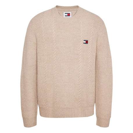 Pull beige uni coupe droite, col rond et à manches longues en mailles tressées