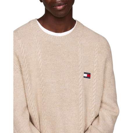 Pull beige uni coupe droite, col rond et à manches longues en mailles tressées - Image 3