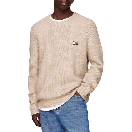Pull beige uni coupe droite, col rond et à manches longues en mailles tressées - Image 4