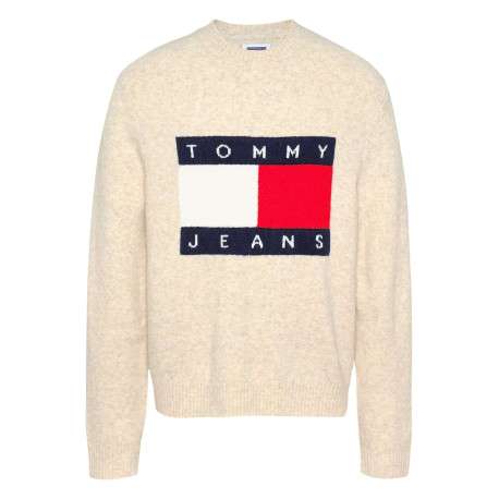 Pull beige chiné avec logo central à coupe droite, col rond et à manches longues