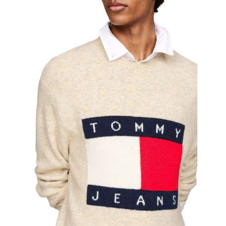 Pull beige chiné avec logo central à coupe droite, col rond et à manches longues - Image 3