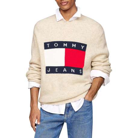 Pull beige chiné avec logo central à coupe droite, col rond et à manches longues - Image 4