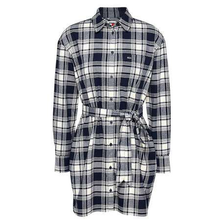 Robe courte marine à carreaux avec un col français et à manches longues