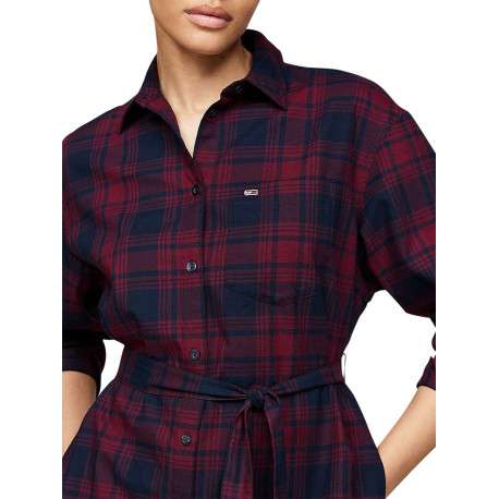 Robe courte bordeaux à carreaux droite à col français et à manches longues - Image 3