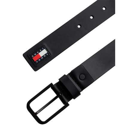 Ceinture en cuir noire avec boucle noire et logo de la marque sur le passant - Image 2
