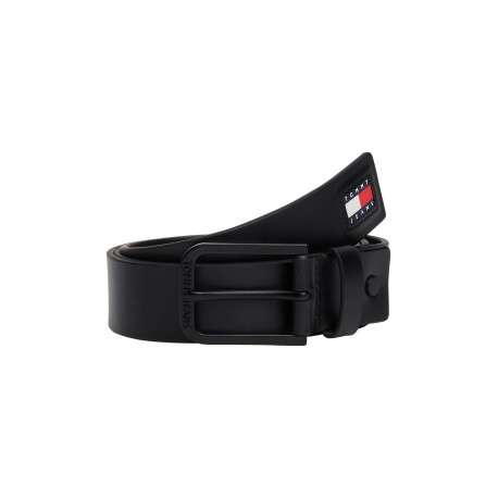 Ceinture en cuir noire avec boucle noire et logo de la marque sur le passant - Image 3