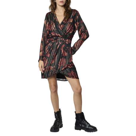 Robe courte portefeuille noire imprimée à motif fleuri et à manches longues