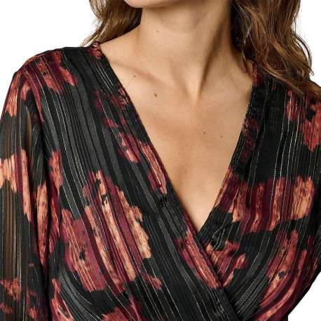 Robe courte portefeuille noire imprimée à motif fleuri et à manches longues - Image 3