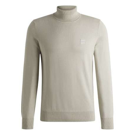 Pull en coton beige uni à coupe droite et col roulé avec patch ton sur ton