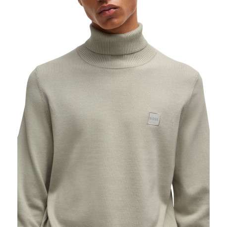 Pull en coton beige uni à coupe droite et col roulé avec patch ton sur ton - Image 3