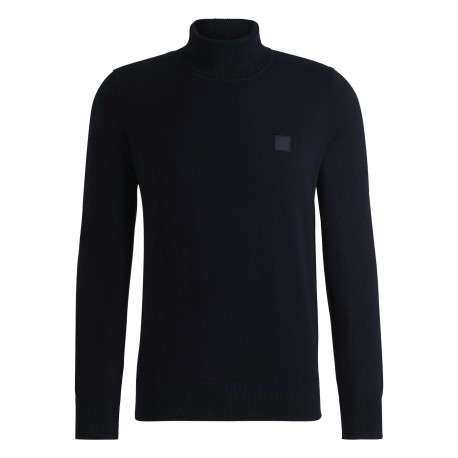 Pull en coton marine uni droit avec patch et col roulé en côtes