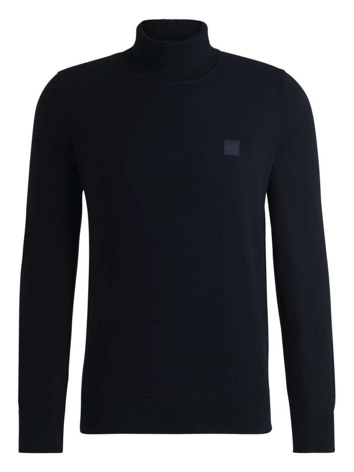 Pull en coton marine uni droit avec patch et col roulé en côtes