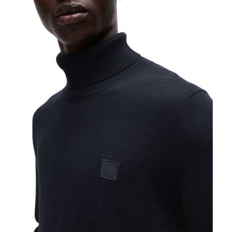 Pull en coton marine uni droit avec patch et col roulé en côtes - Image 3