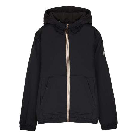Blouson déperlant noir avec col à capuche, zip tricolore et logo de la marque